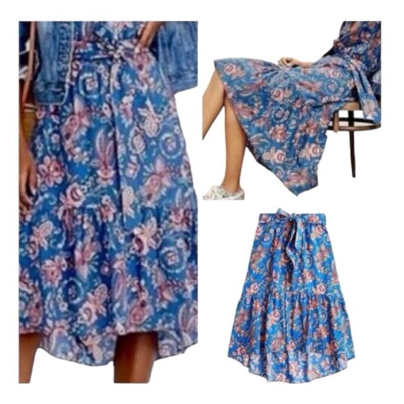 J Crew Skirt WMNS 12 Blue Belted pull-on Midi Liberty Flora Belle K7713 Ruffle - Picture 1 of 13